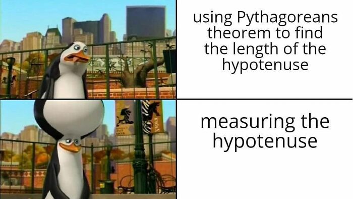 A funny math meme using Penguins of Madagascar to illustrate the simplicity of measuring the hypotenuse.
