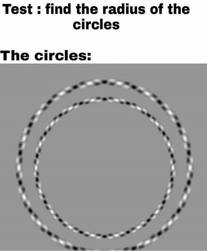 A funny math meme about finding the radius of blurry, optical illusion circles, which may bring back trauma for those who struggled with math.