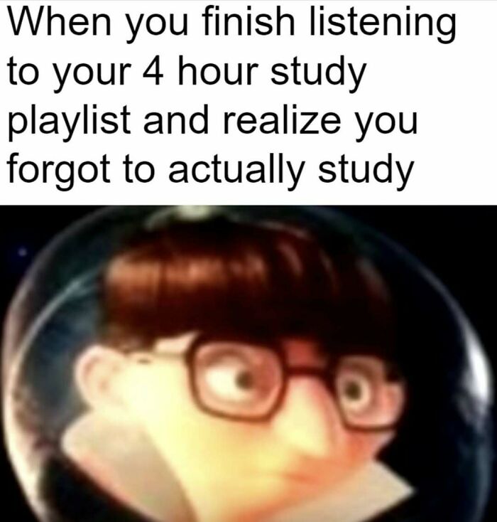 Meme about finishing a study playlist without studying showing animated character
