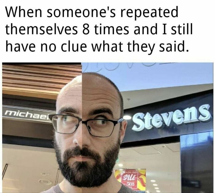 Man with split face looking confused about repeated speech meme