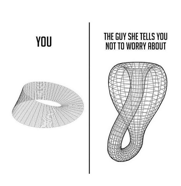Funny math meme comparing a simple ring to a complex Mobius strip, relatable for anyone struggling with math.