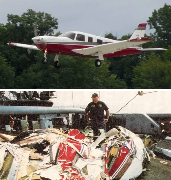 Small plane flying and wreckage from airplane crash Small plane flying and wreckage from airplane crash