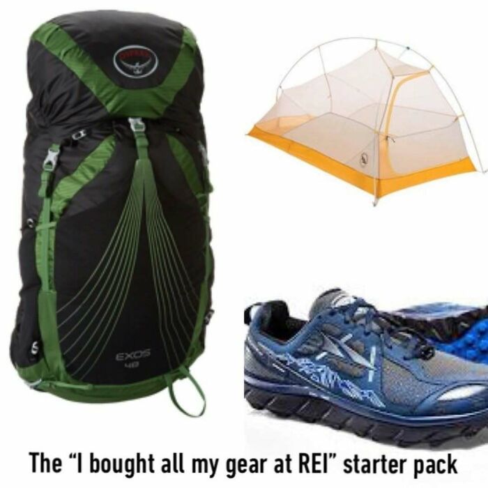 Starter pack of gear bought at REI for outdoors backpacking and camping