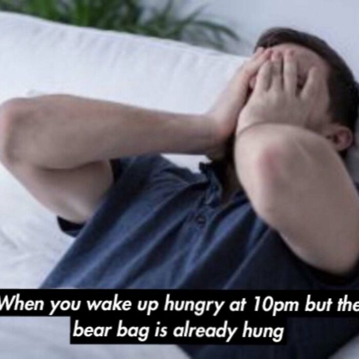 Man frustrated when hungry but bear bag is already hung during outdoors adventure