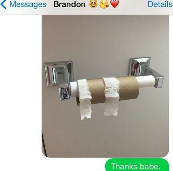 Empty toilet paper roll with text thanking partner in painful relationship texts