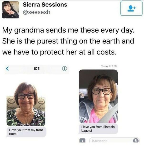 A heartwarming tweet about a grandma sending daily photos, like positive posts, with messages like "I love you from my front room!"