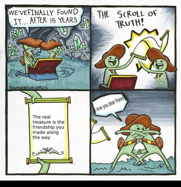 A comic showing two adventurers finding a scroll that reveals friendship is the real treasure, leading to a heartfelt hug. A positive post for your day.