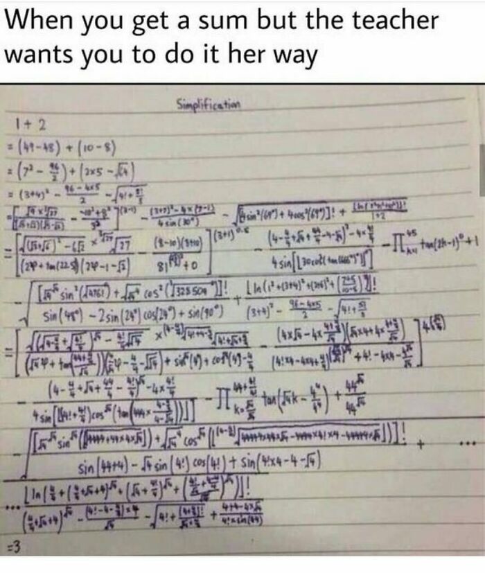A math problem simplification with extremely long, complex steps. Funny math memes illustrate the trauma of solving them.