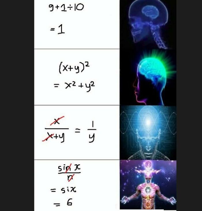 Funny math memes showing incorrect math solutions with increasing enlightenment, sure to bring back math trauma.