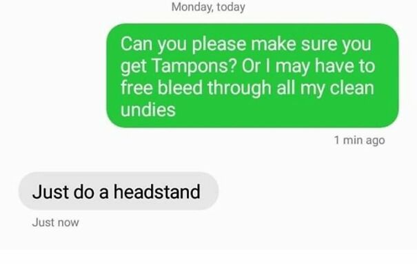 Text message joking about tampons and bleeding in painful relationship texts