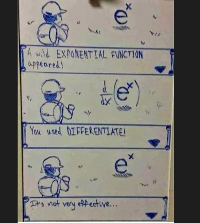 A funny math meme comparing differentiating e^x to a Pokemon battle. It's not very effective! Math humor.