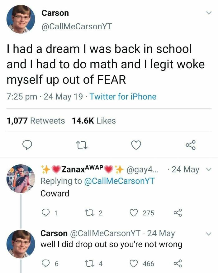 A funny meme from Twitter where Carson shares a dream about math trauma, provoking humorous replies.