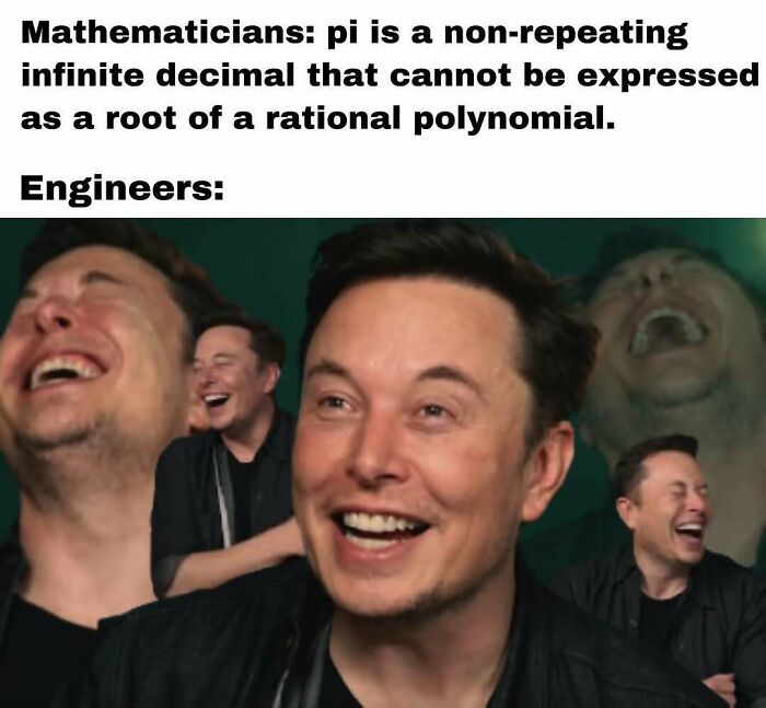 A meme showing Elon Musk laughing, representing engineers' reaction to complex math definitions, one of many funny memes.