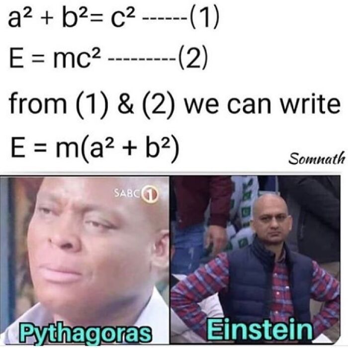 Funny math memes blending Pythagoras and Einstein equations, creating trauma and laughter.