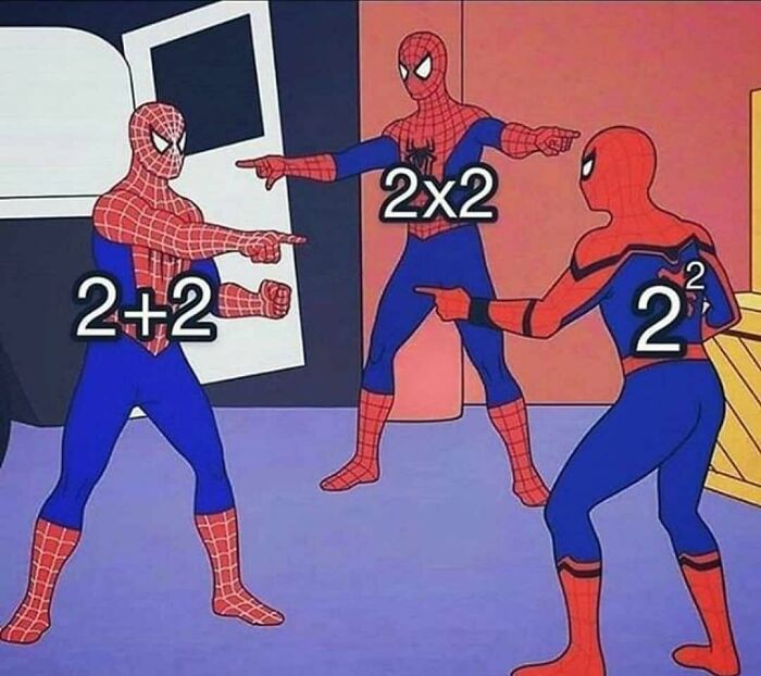 A funny math meme of three Spider-Men pointing at each other, representing 2+2, 2x2, and 2². Might bring back math trauma.