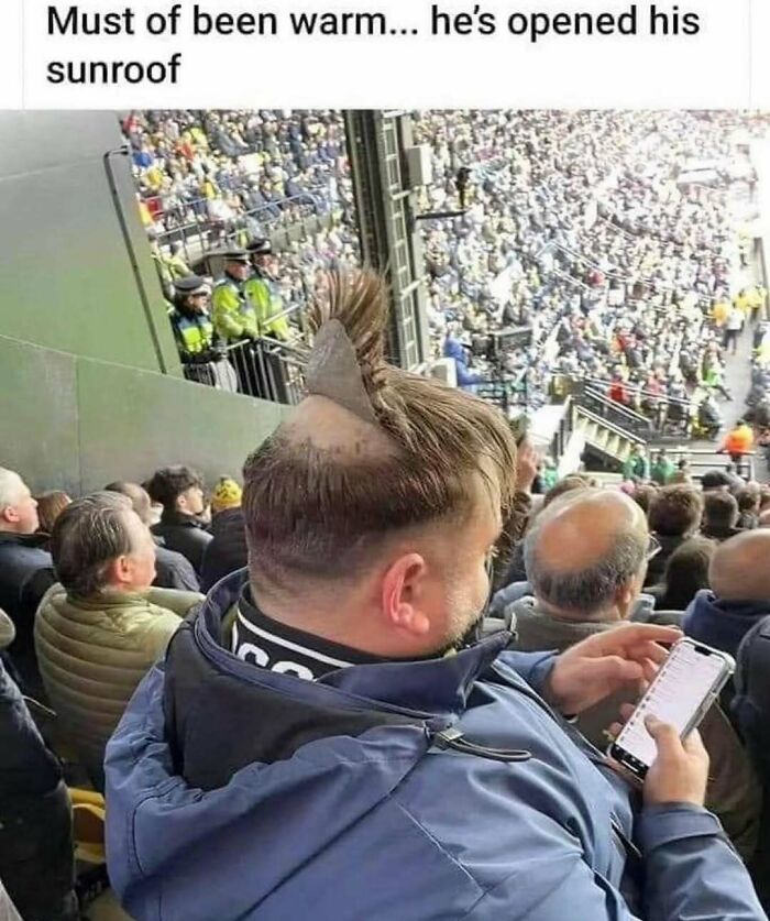 Funny random meme with man having a hair sunroof at crowded event