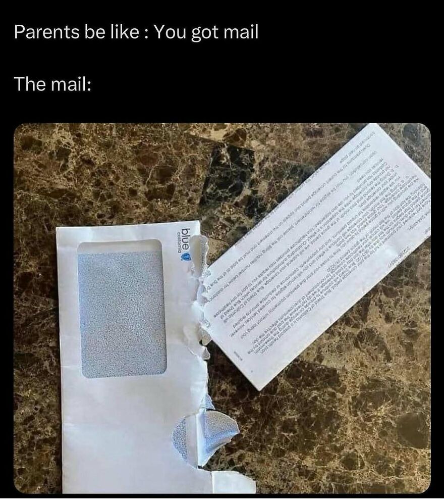 Humorous mail envelope torn open revealing long letter inside