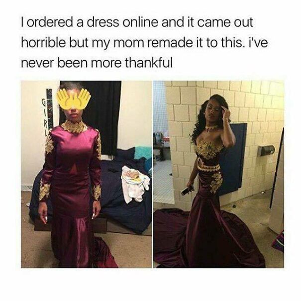 A side-by-side comparison shows a woman in a long-sleeved maroon dress versus the same woman in a remodeled, elegant maroon gown with gold embellishments, showcasing positive posts.
