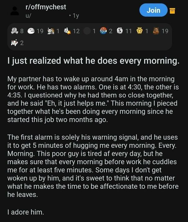 A Reddit post about a partner waking up early to cuddle, making their day. A positive post for someone feeling down.