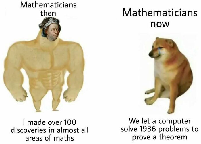 Funny math meme comparing strong mathematicians of the past to weaker ones today with a sad dog.