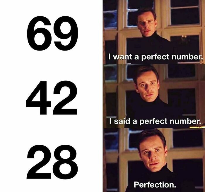 Funny math meme featuring a man saying, I want a perfect number, then Perfection for 28 after rejecting 69 and 42.