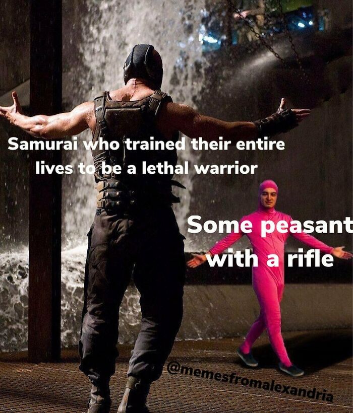 Funny history memes showing a warrior like Bane and Pink Guy in a face-off. It's a humorous take on history.