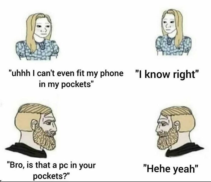 Cartoon meme about phone size and pocket space as escape reality meme