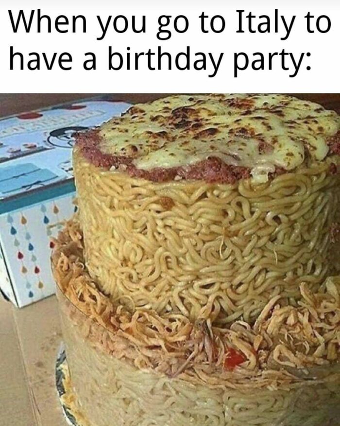 Humorous meme of birthday party in Italy featuring a cake made of pasta