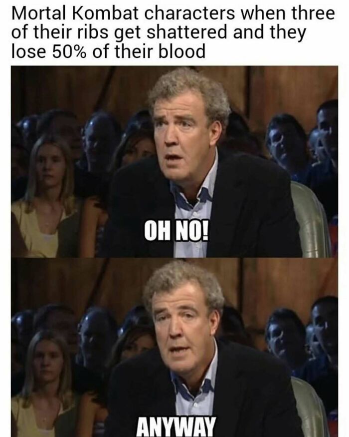 Mortal Kombat characters losing ribs and blood meme with shocked man