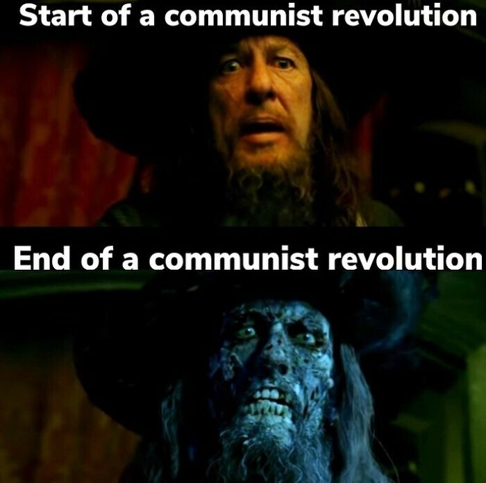 Funny history memes: A meme showing a man before and after a communist revolution, illustrating the contrast with humor.