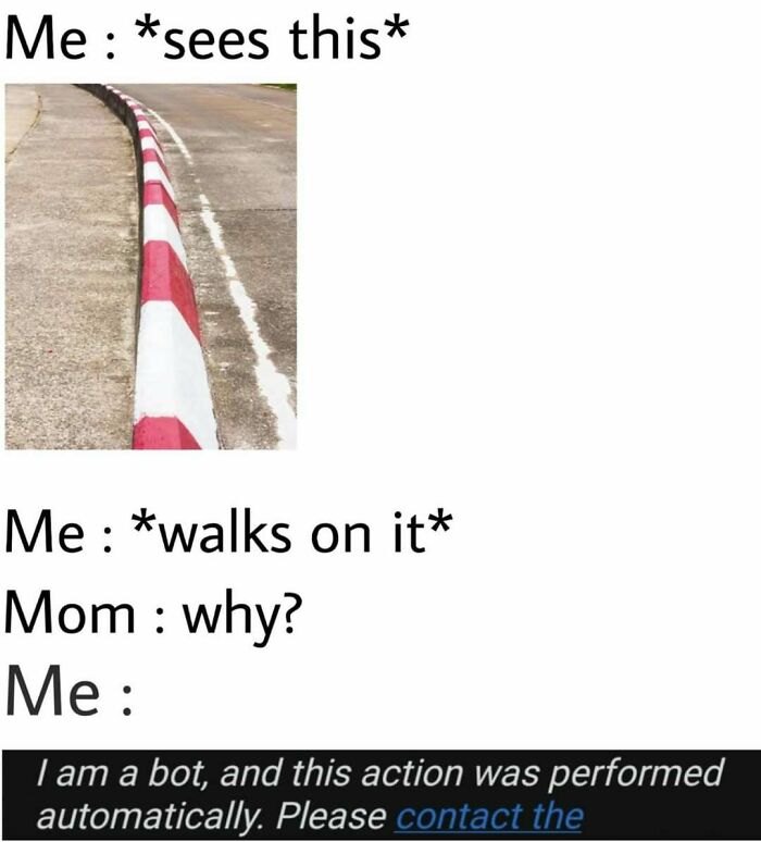 Funny meme about walking on curb with red and white stripes