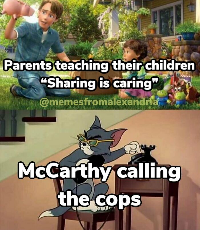A funny history meme contrasting parents teaching sharing with McCarthy calling the cops, showcasing funny history memes.