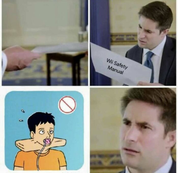 Confused man reading Wii safety manual with no-no cartoon about tongue