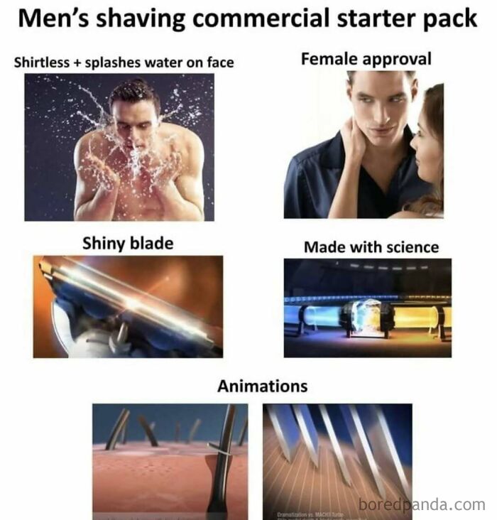 Men's shaving commercial starter pack showing splashing water and shiny blades