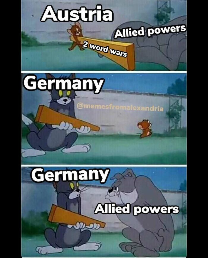 Funny history meme showing Jerry (Austria) hitting Tom (Allied powers) with 2 world wars, while Spike (Allied powers) intimidates Tom (Germany).