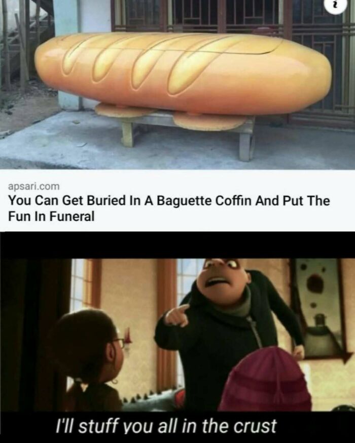Image of a baguette coffin with funny funeral caption