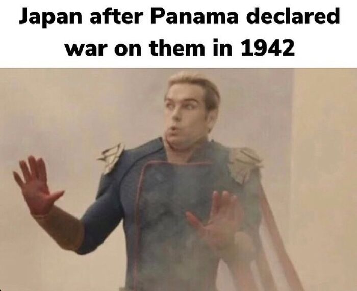 A surprised Homelander from The Boys behind a smoky pane, with a funny history meme caption about Japan and Panama.