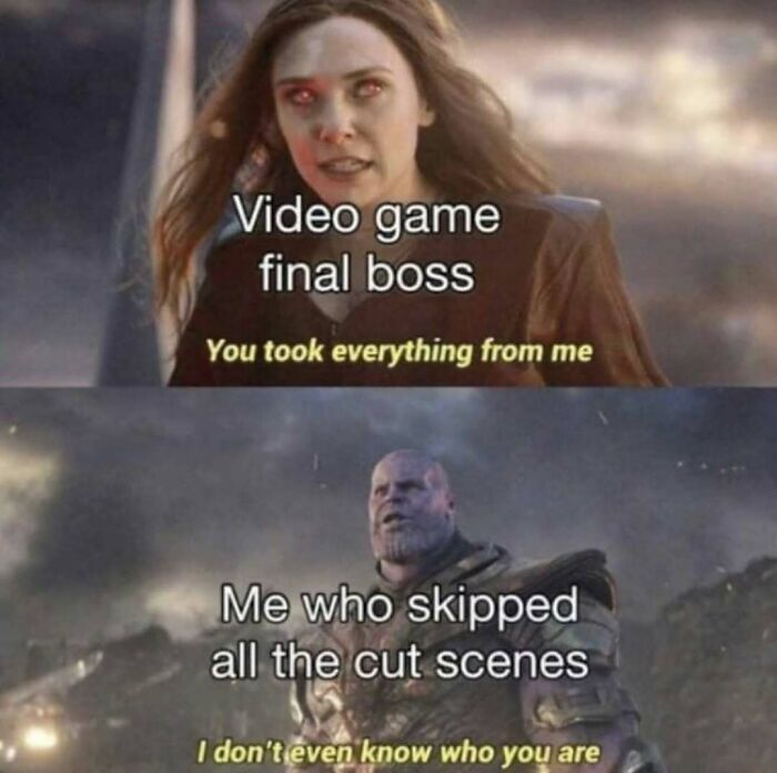 Video game final boss vs player skipping cutscenes meme with Avengers characters