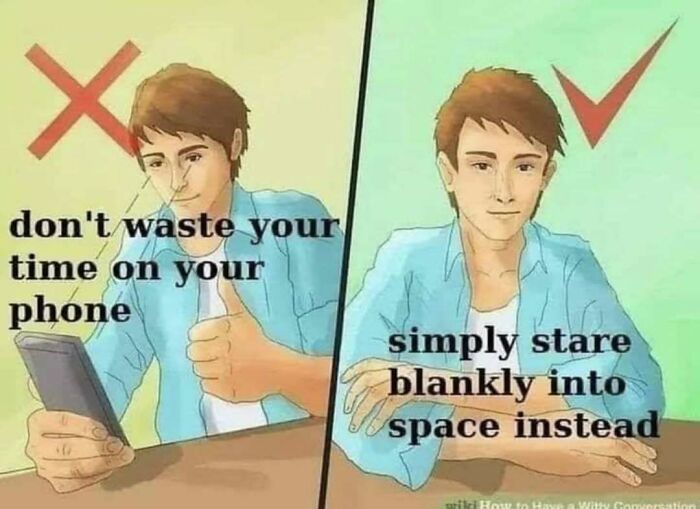 Meme showing right vs wrong way to waste time staring blankly