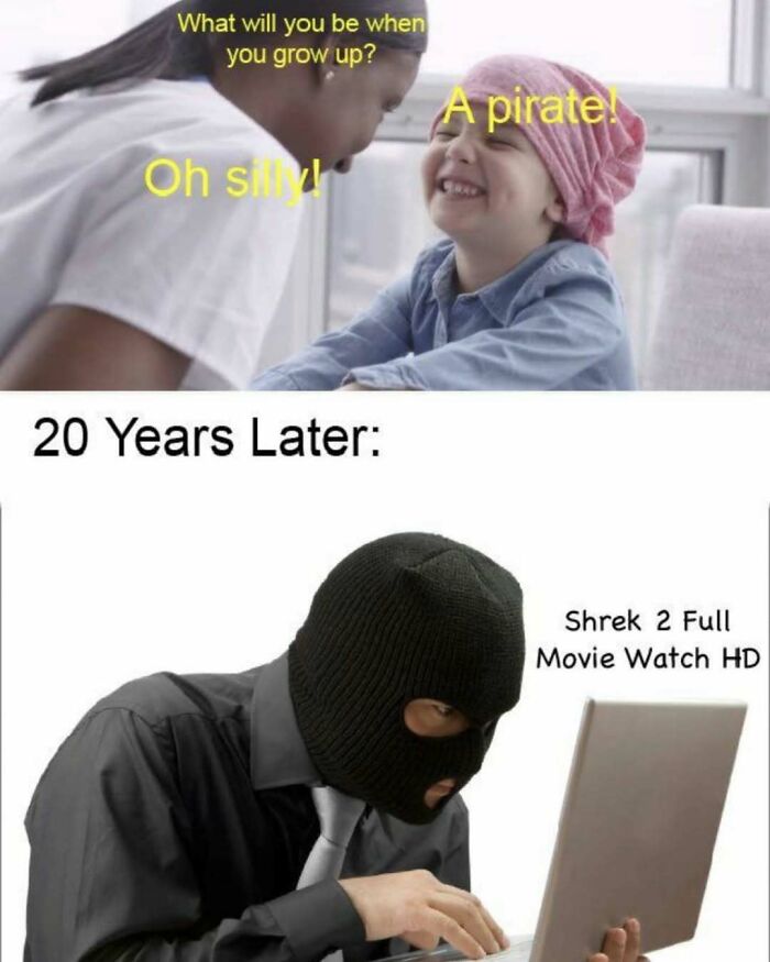 Humorous meme of child wanting to be a pirate with adult wearing mask watching Shrek 2 online