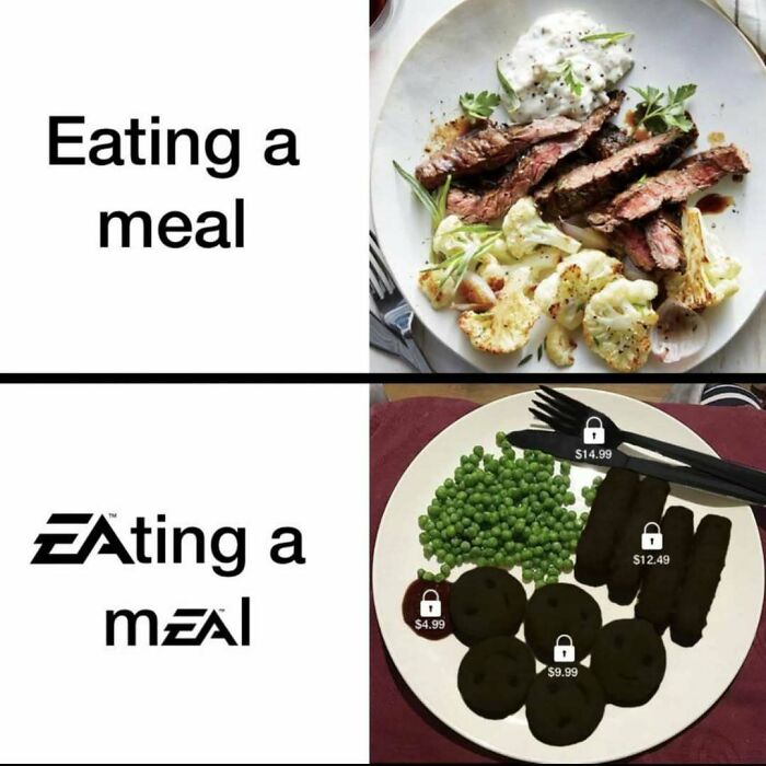 Meme comparing eating a meal vs gaming style locked meal items