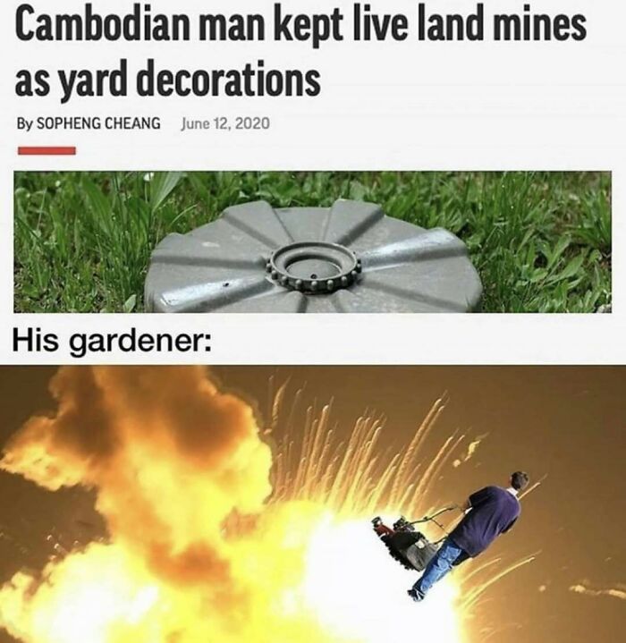News and meme about Cambodian man using live land mines as yard decorations