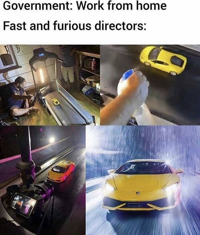 Humorous meme showing DIY Fast and Furious car scene filming at home