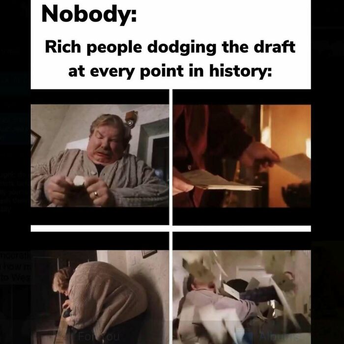 A funny history meme showing Vernon Dursley getting overwhelmed by Hogwarts letters, representing rich people dodging the draft.