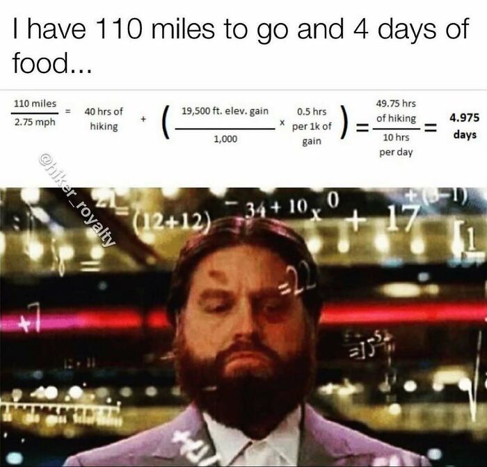 Hiking distance and food calculation meme with math overlay