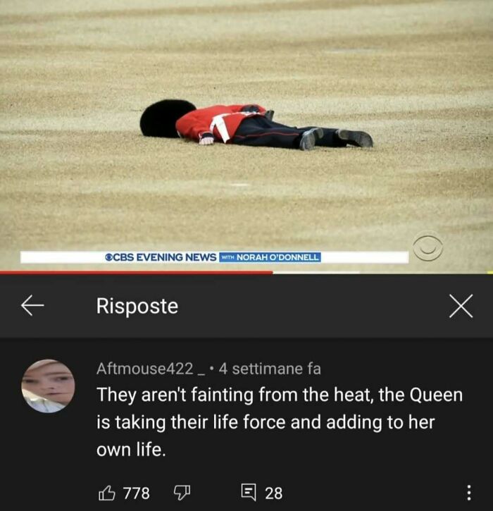 Meme with fallen British guard and comment about life force taken by Queen