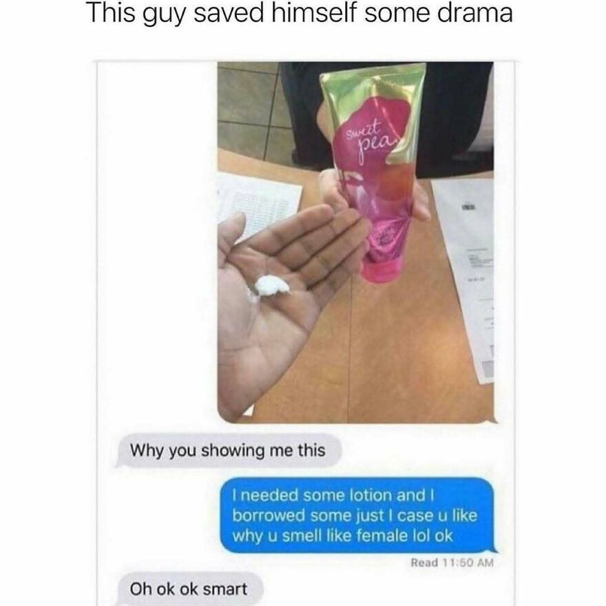 Text exchange meme about borrowing lotion to avoid drama
