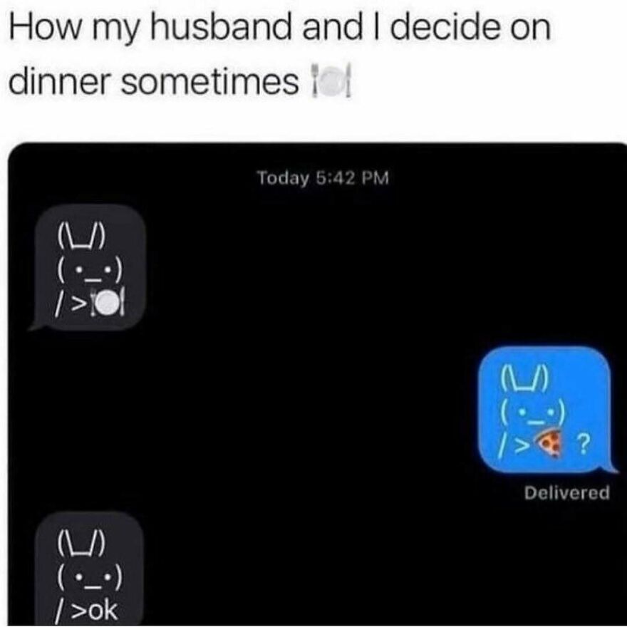 Text message meme about couple deciding on dinner with bunny emoticons