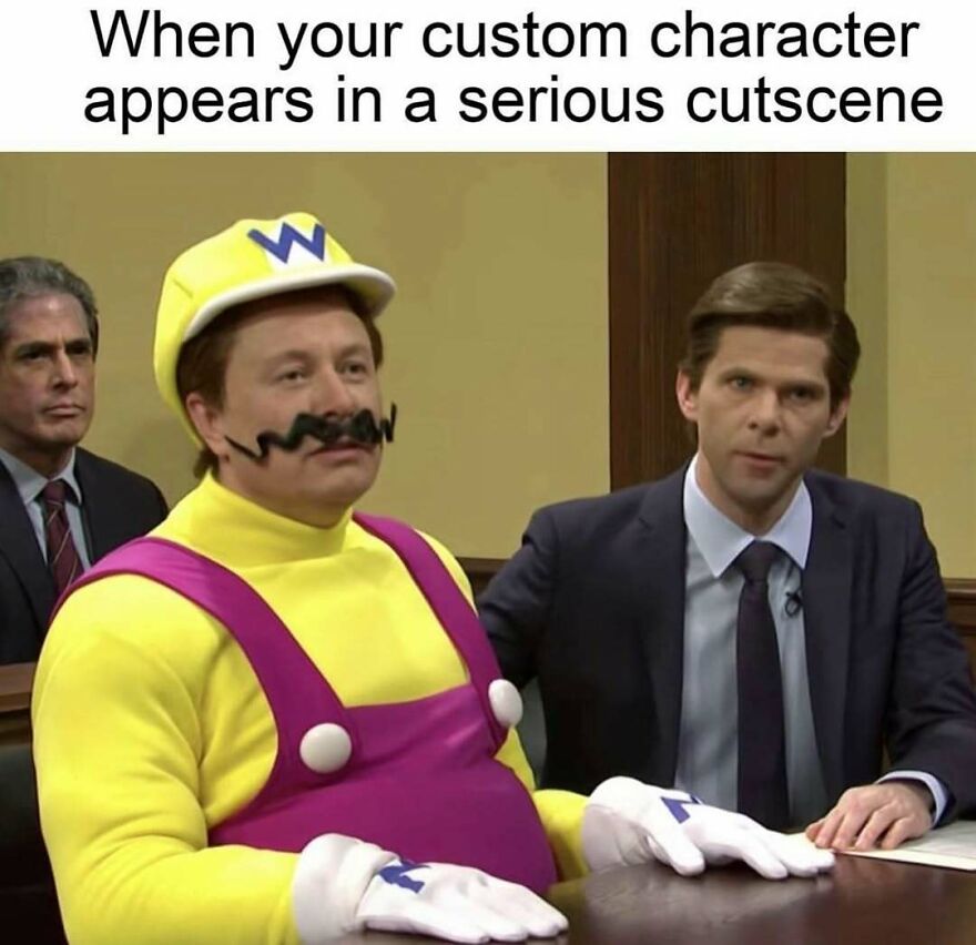 Humorous meme of custom character in serious cutscene