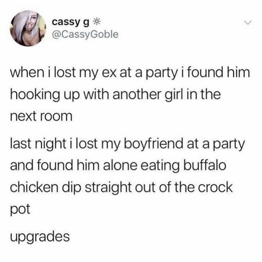 Tweet meme about finding ex and boyfriend at parties with funny upgrade